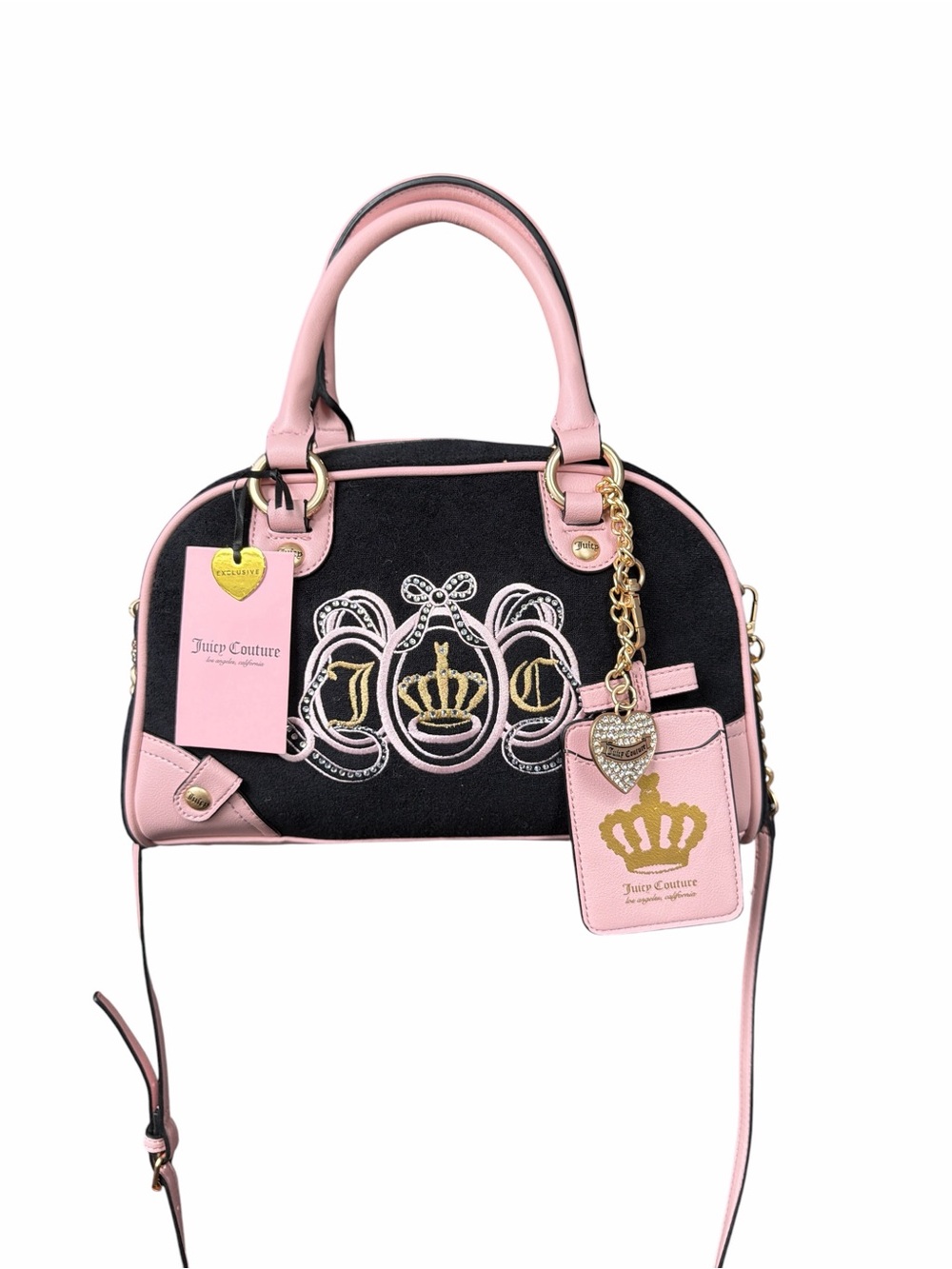 Juicy Couture Black and Pink Crown Embroidered Satchel with Charm